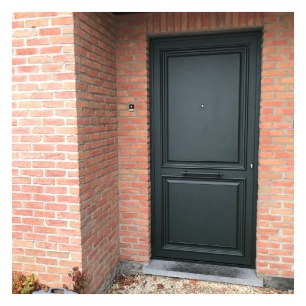 Porte en aluminium vert monument à facettes et moulures, poignée Bona - Profel